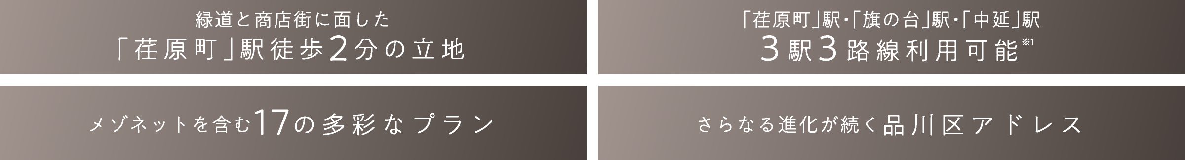 緑道と商店街に面した「荏原町」駅徒歩2分の立地｜「荏原町」駅・「旗の台」駅・「中延」駅　3駅3路線利用可能｜メゾネットを含む17の多彩なプラン｜さらなる進化が続く品川区アドレス